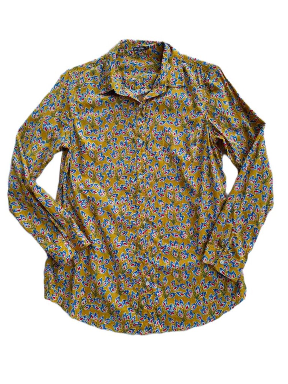 J.McLaughlin Vibrant Mustard Leaf Print Cotton Button Down Shirt Size M